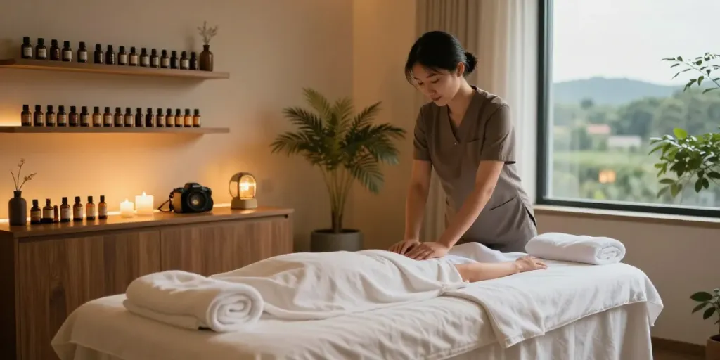 Experience 용산출장안마 in a serene massage room with calming atmosphere.