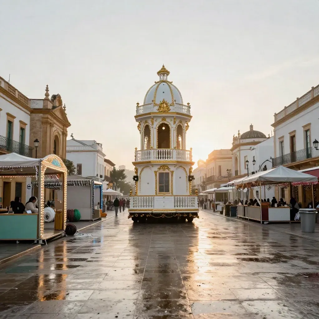 Bulevar de carnaval vacío en Cádiz, con carroza, pabellones y confeti mojado al amanecer.