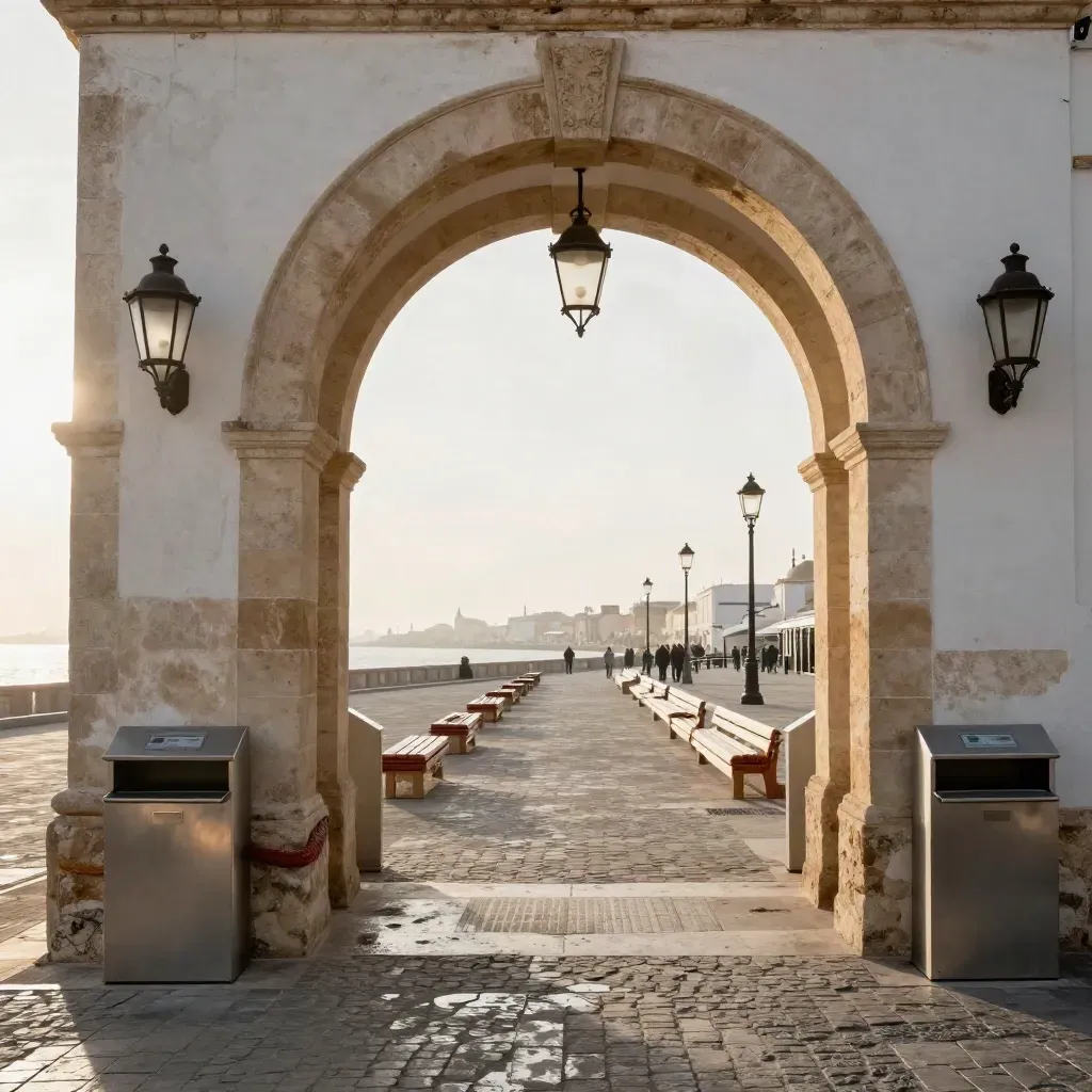 Plaza de acceso en Cádiz lista para el carnaval, con arcos, faroles y puestos vacíos.