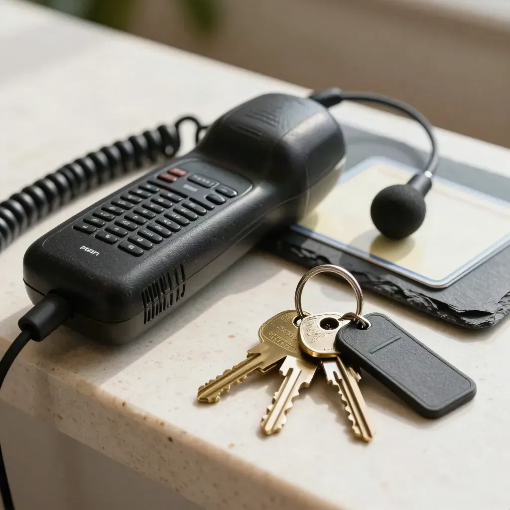 Kit de directora de eventos con radio, auriculares, baterías y llaves sobre travertino y pizarra.