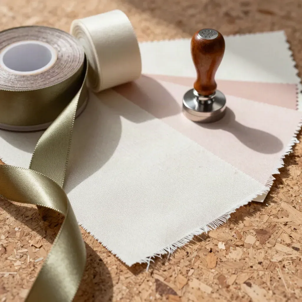Cintas satinadas, muestras y un sello metálico sobre un banco textil.