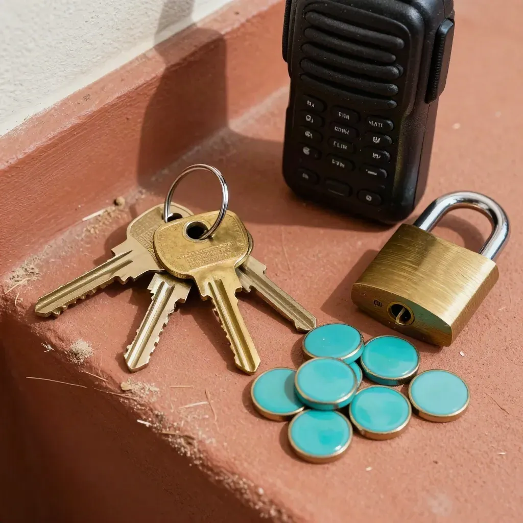 Llaves maestras, walkie-talkie, candado y fichas de control sobre una repisa tras bastidores.