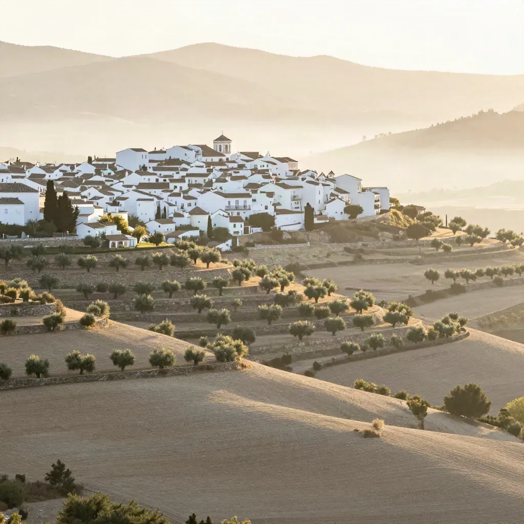 Vista dorada de Andalucía con pueblo blanco en loma, olivares y montañas lejanas.