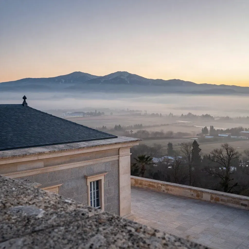 Panorama de Madrid al amanecer con la sierra de Guadarrama y la ciudad en bruma