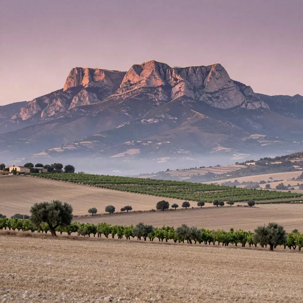 Montserrat sobre viñedos tranquilos al atardecer, con luz dorada y bruma suave.