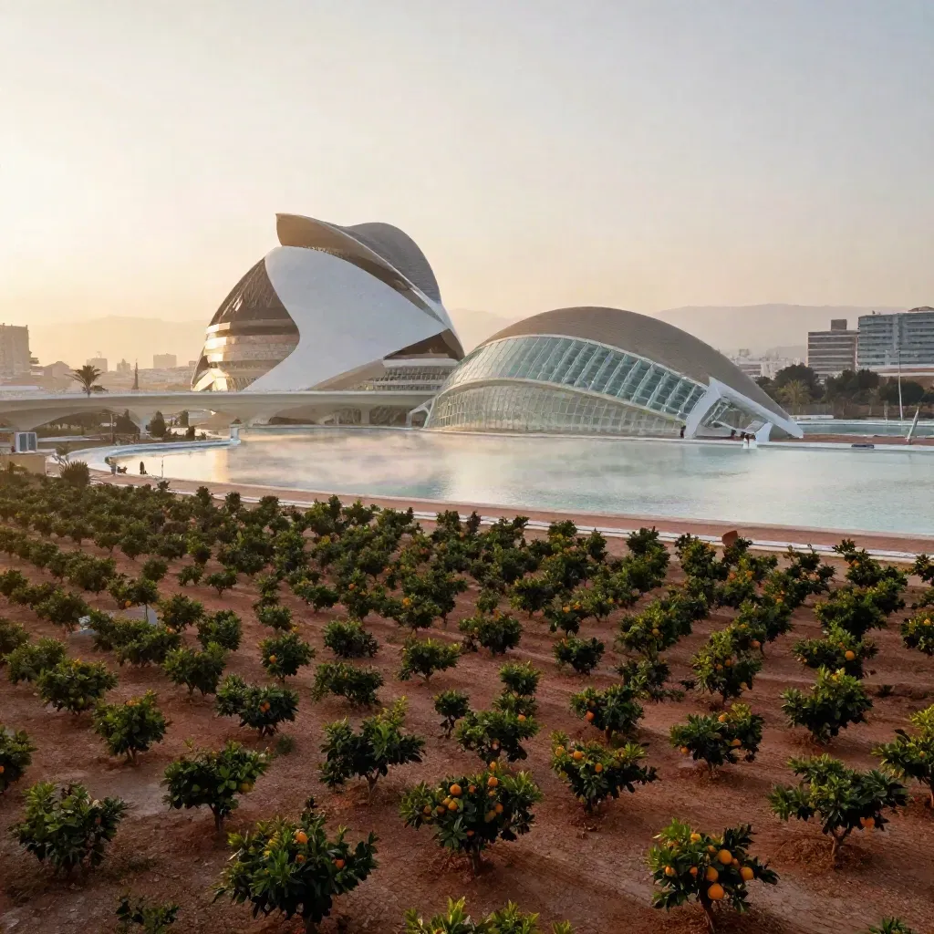 Valencia al amanecer con naranjos, agua quieta y la Ciudad de las Artes al fondo.
